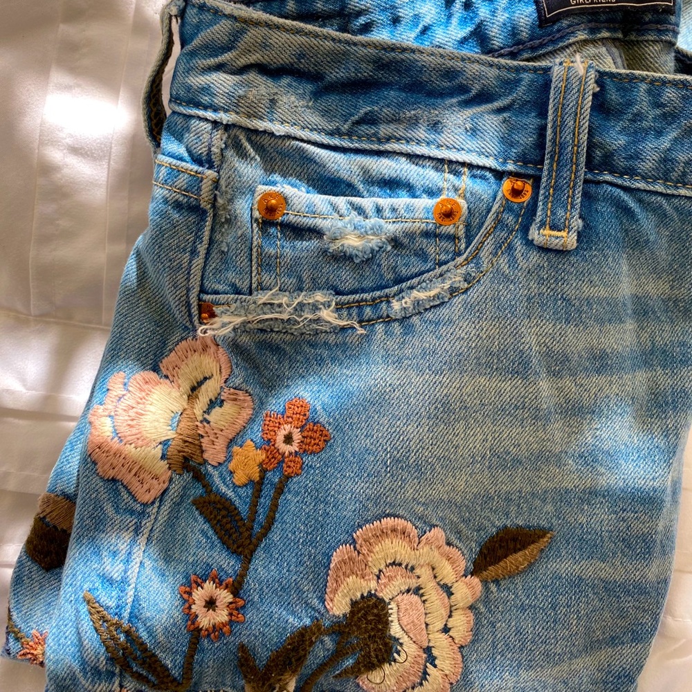 High waisted floral light denim girlfriend jeans